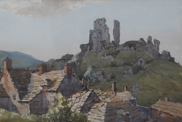 20th century English School, watercolour, ‘Corfe Castle’, indistinctly signed and dated '36, 23 x 34cm. Condition - fair